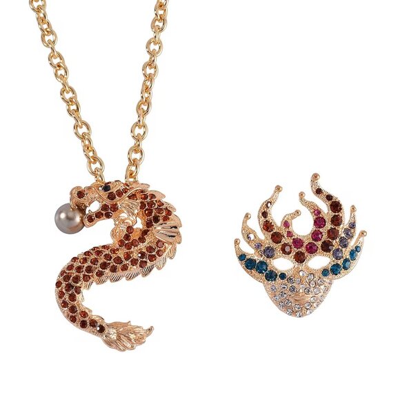 Multi Color Austrian Crystal Set of 2 Snake and Frog Brooch/Pendant Necklace Set - Picture 1 of 4